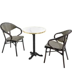 Outlet 60 cm witte marmeren verstelbare terrastafel en 2 zwarte stoelen Tuinmeubelen