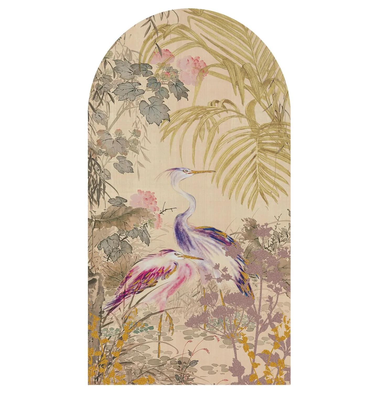 Online Canvas - Reigers tussen Bloemen Japanse stijl - 100x54 Wanddecoratie