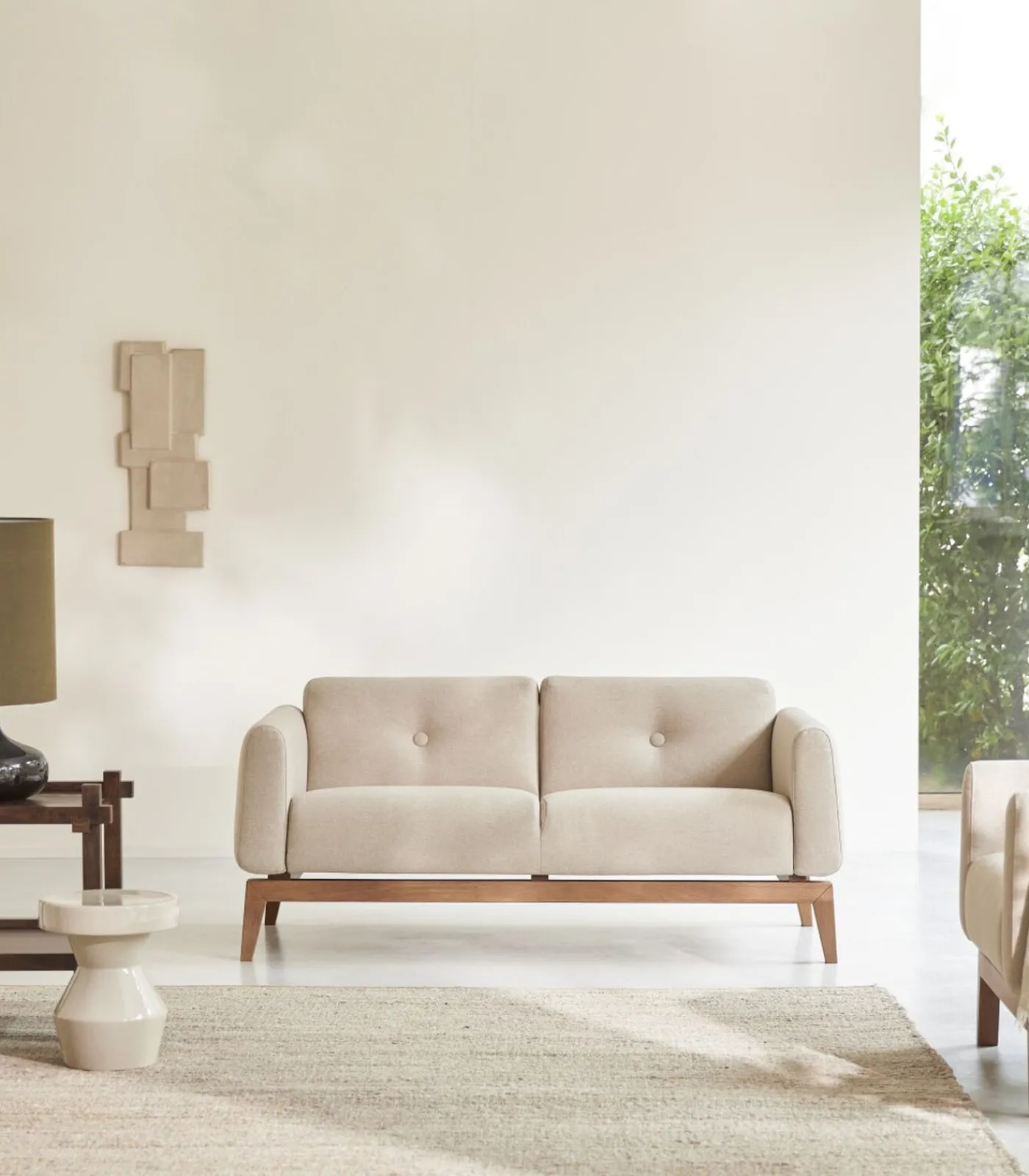 Outlet Bank in massief eiken en ecru stof, 2-zit Zetels