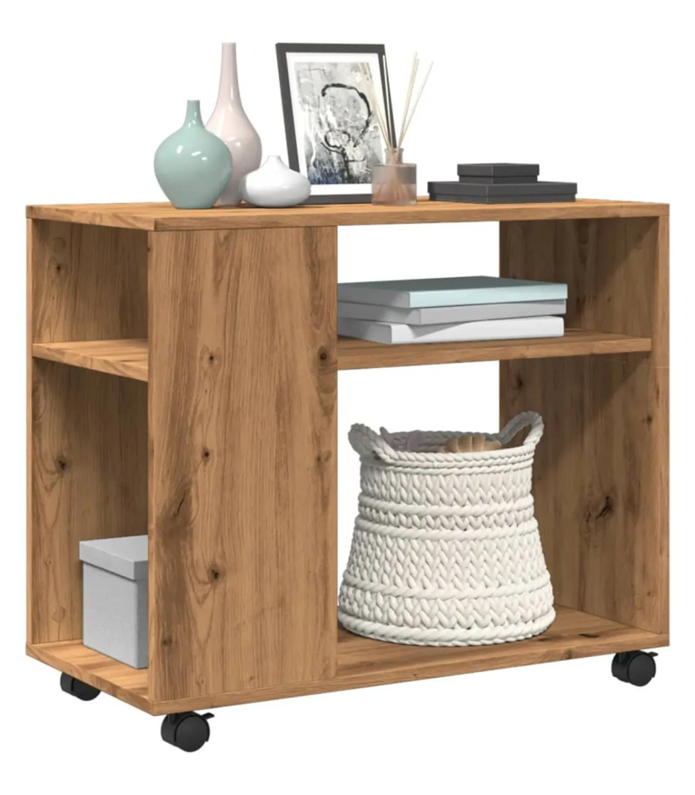 Discount Bijzettafel met wieltjes 70x35x60 cm hout artisanaal eikenkleur Tafels