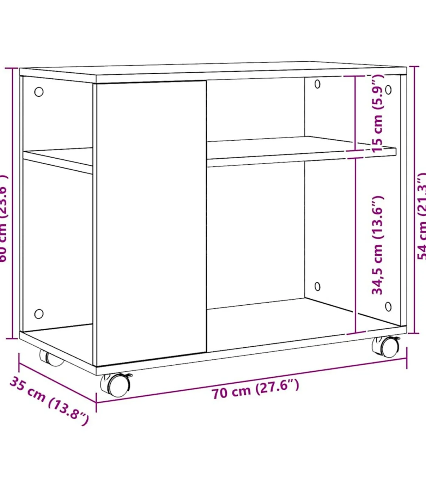 Discount Bijzettafel met wieltjes 70x35x60 cm hout artisanaal eikenkleur Tafels