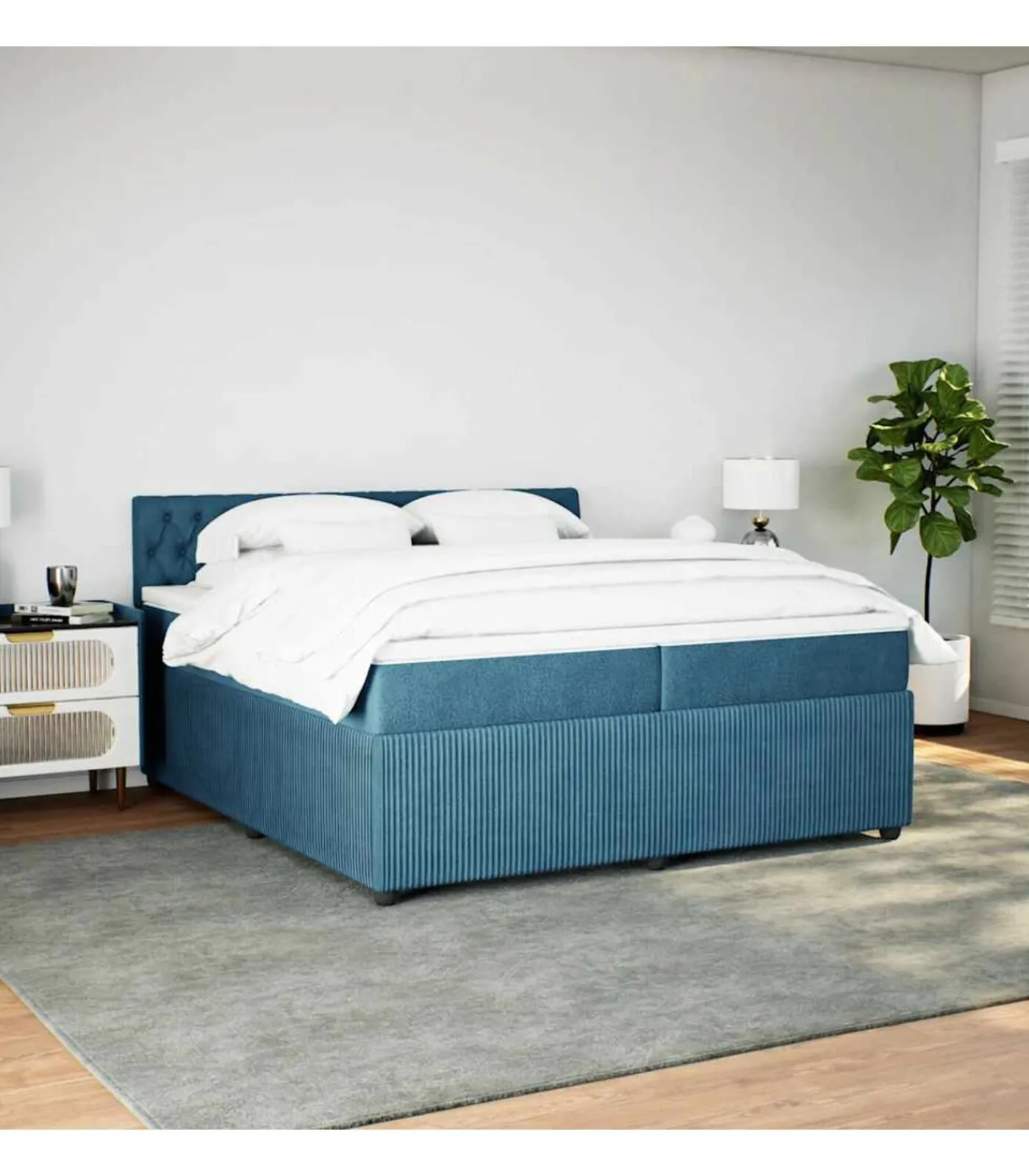 New Boxspring met matras fluweel blauw 200x200 cm Bedden