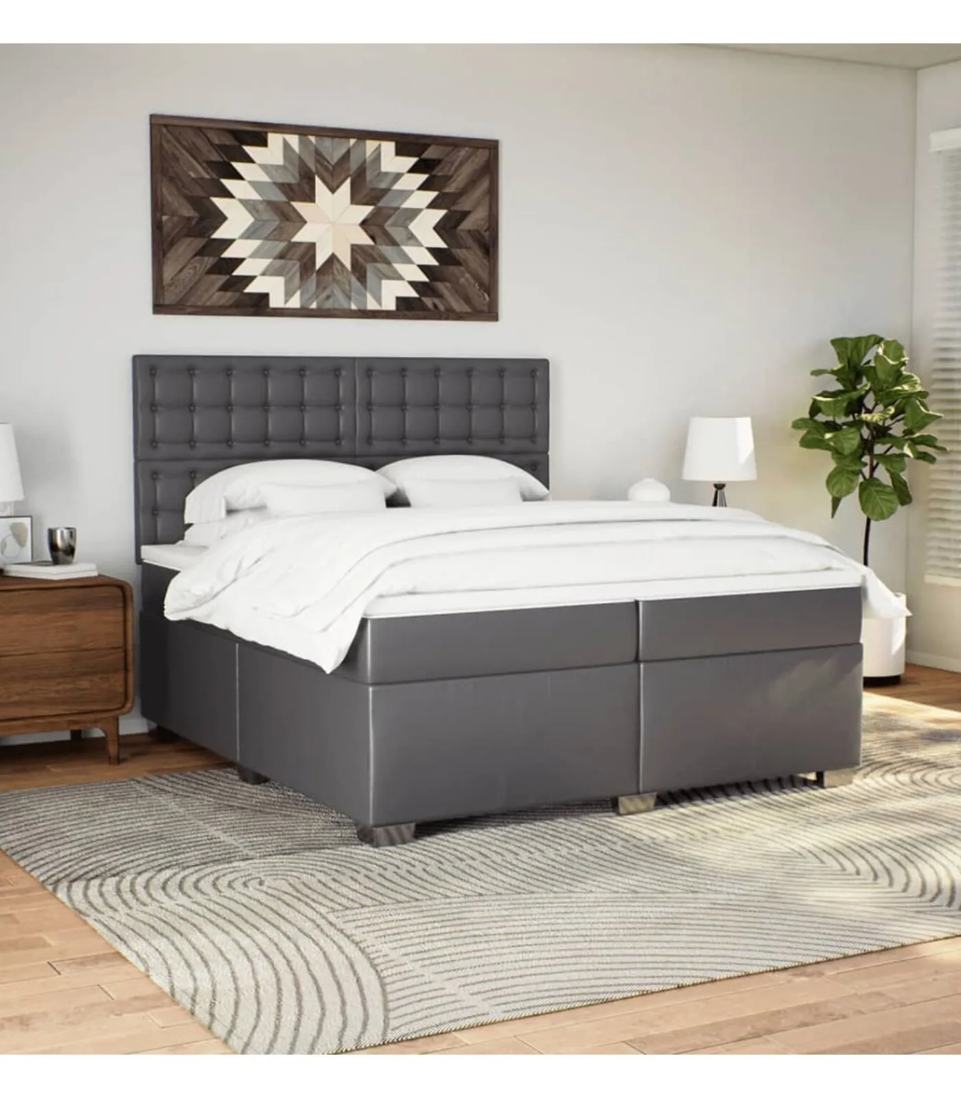 Online Boxspring met matras kunstleer grijs 200x200 cm Bedden