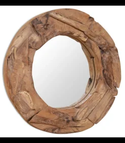 Decoratieve spiegel rond 60 cm teakhout Spiegels