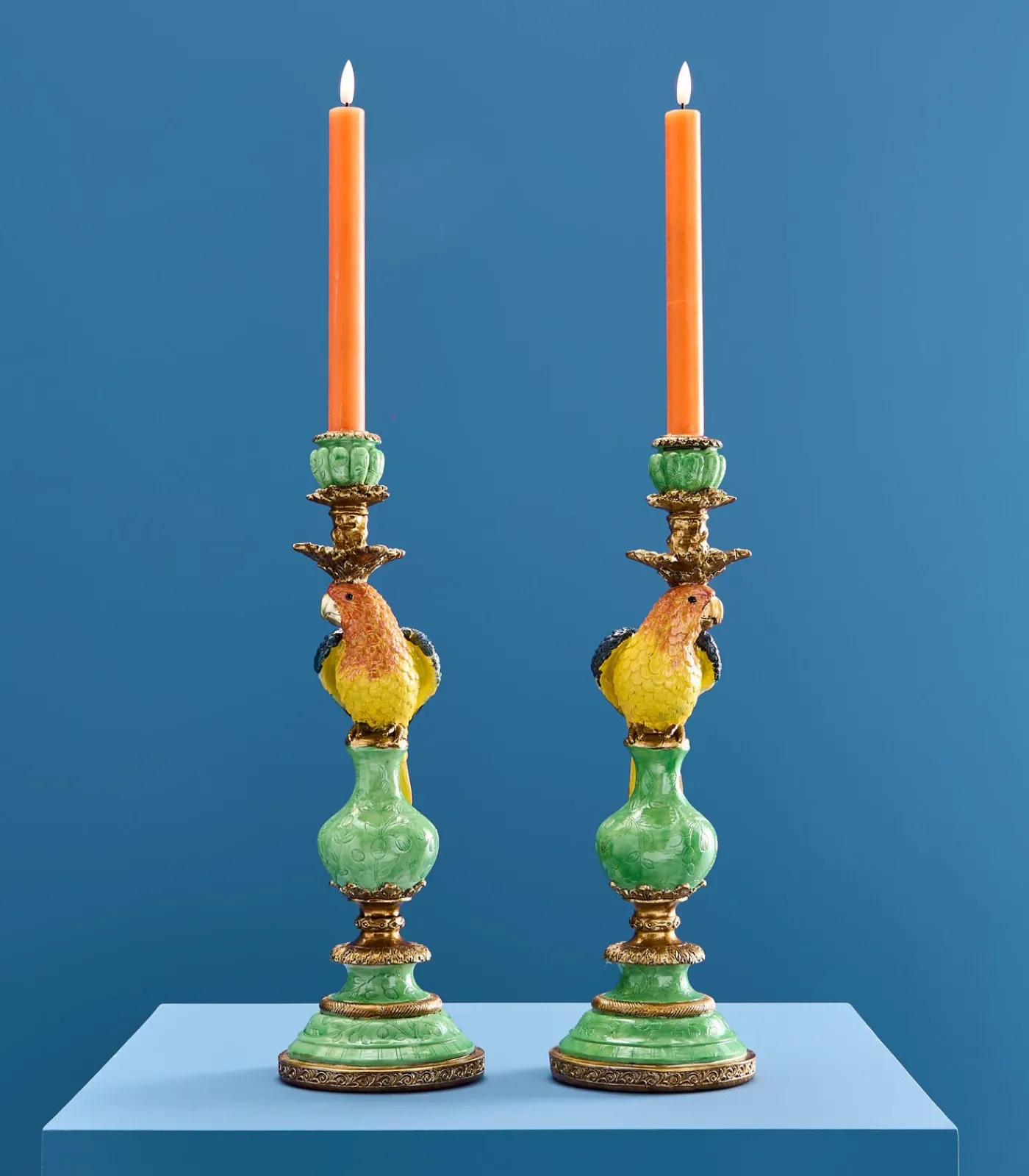 Outlet 2-delig Set Kandelaar Papegaai/groen/blauw/geel Kaarsen & Kaarshouders