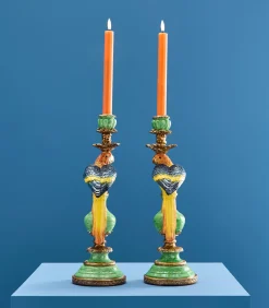 Outlet 2-delig Set Kandelaar Papegaai/groen/blauw/geel Kaarsen & Kaarshouders