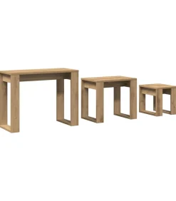 Online 3-delige Bijzettafelset bewerkt hout artisanaal eikenkleur Tafels