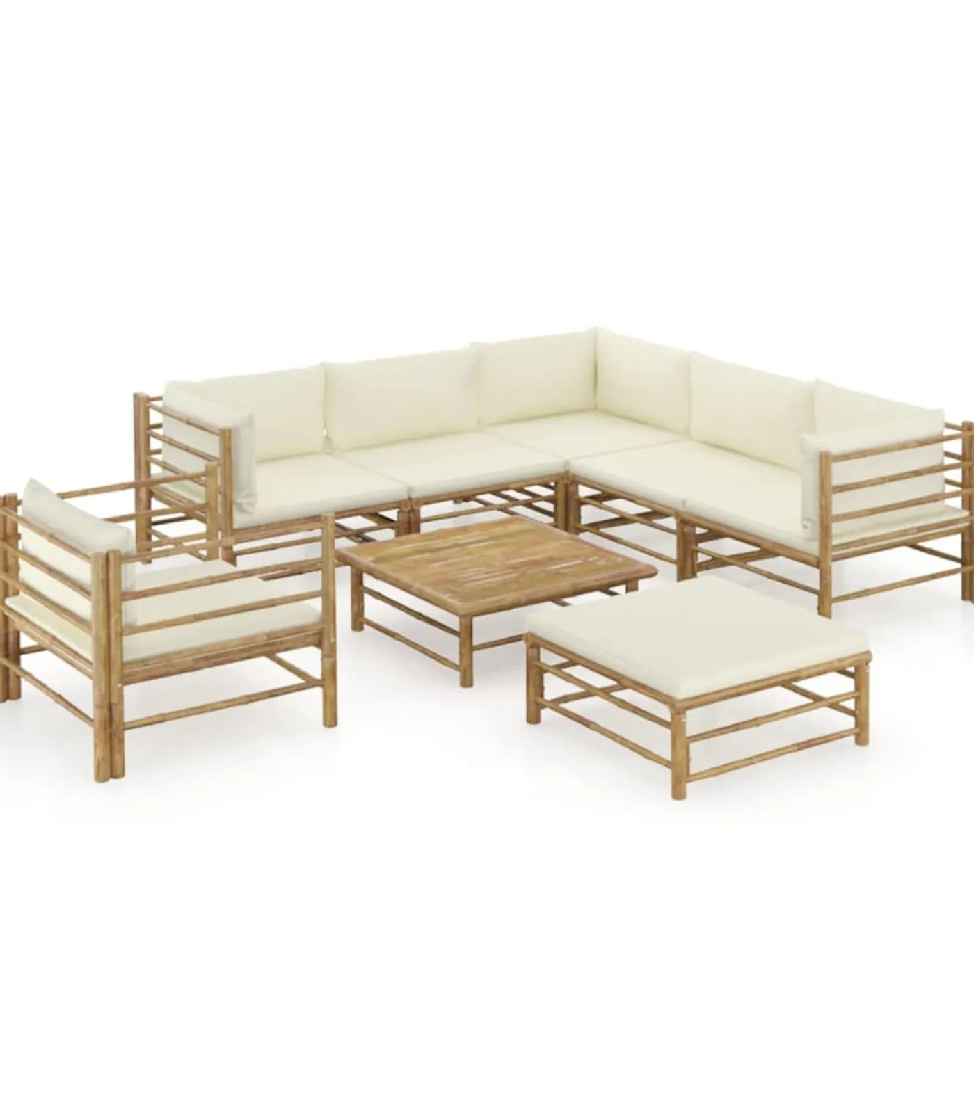 Outlet 8-delige Loungeset met crèmewitte kussens bamboe Tuinmeubelen