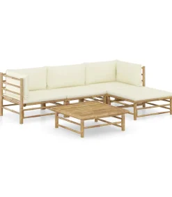 Best 5-delige Loungeset met crèmewitte kussens bamboe Tuinmeubelen