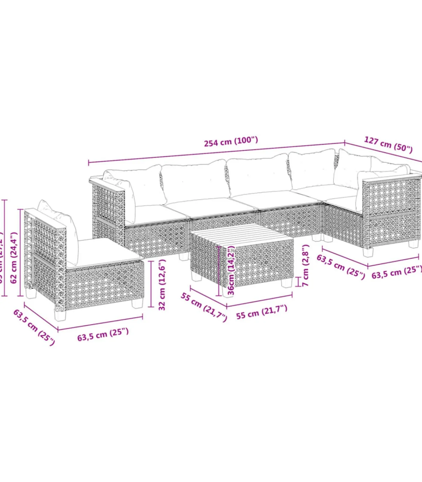 Outlet 7-delige Loungeset met kussens poly rattan zwart Tuinmeubelen