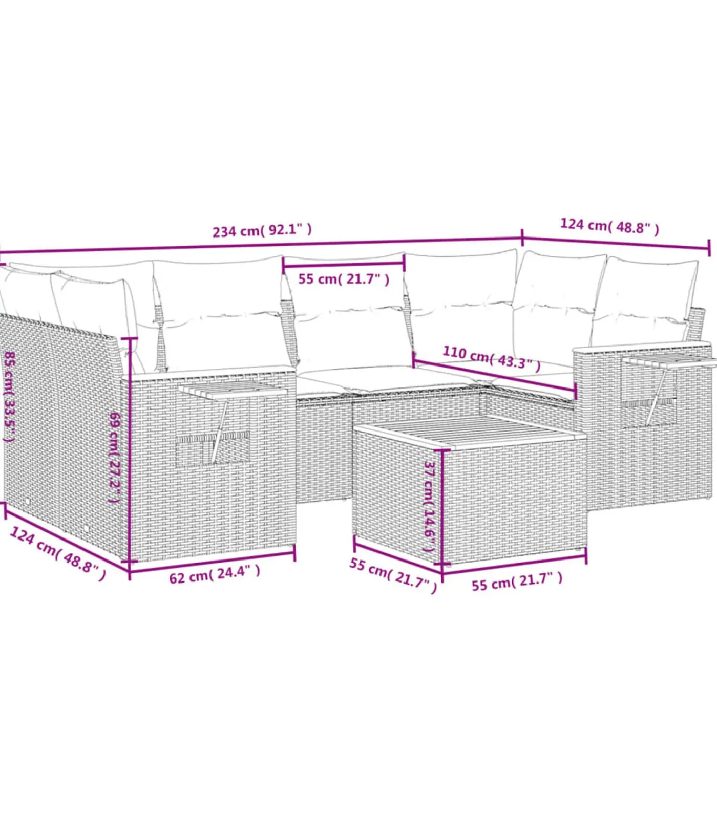 Outlet 7-delige Loungeset met kussens poly rattan zwart Tuinmeubelen