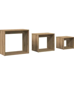 3-delige Tafeltjesset bewerkt hout artisanaal eikenkleur Tafels