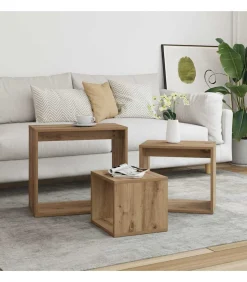 3-delige Tafeltjesset bewerkt hout artisanaal eikenkleur Tafels