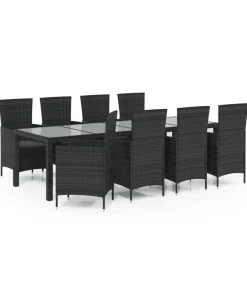 9-delige Tuinset met kussens poly rattan zwart Tuinmeubelen