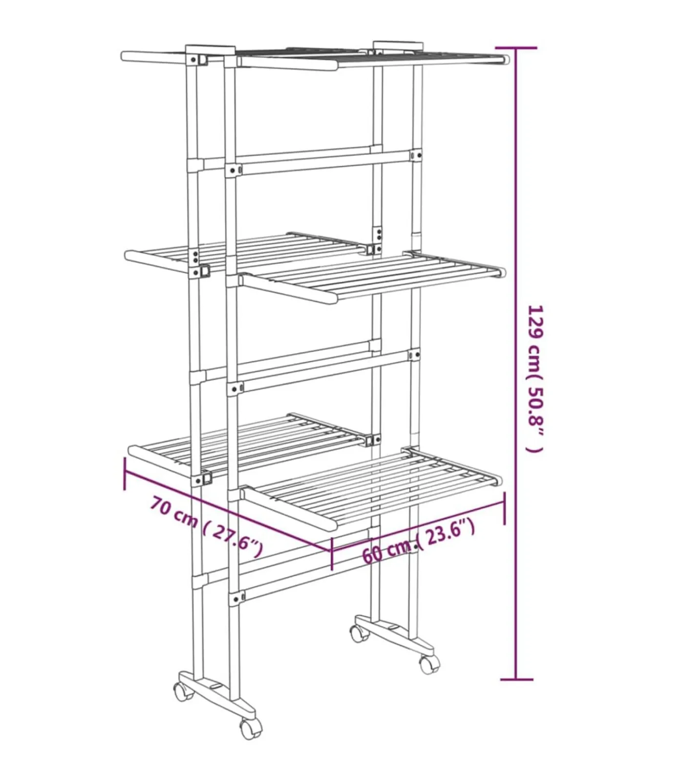Droogrek 3-laags met wieltjes 60x70x129 cm zilverkleurig Wassen & Strijken