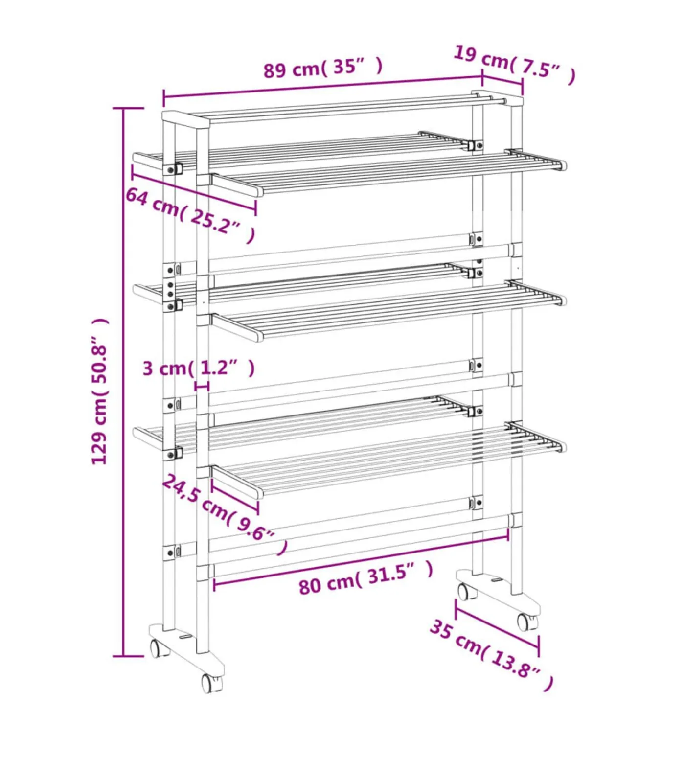 Hot Droogrek met wieltjes 89x64x129 cm aluminium Wassen & Strijken