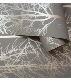 Sale Behang Rhea Trees grijs en roségoudkleurig Decoratie