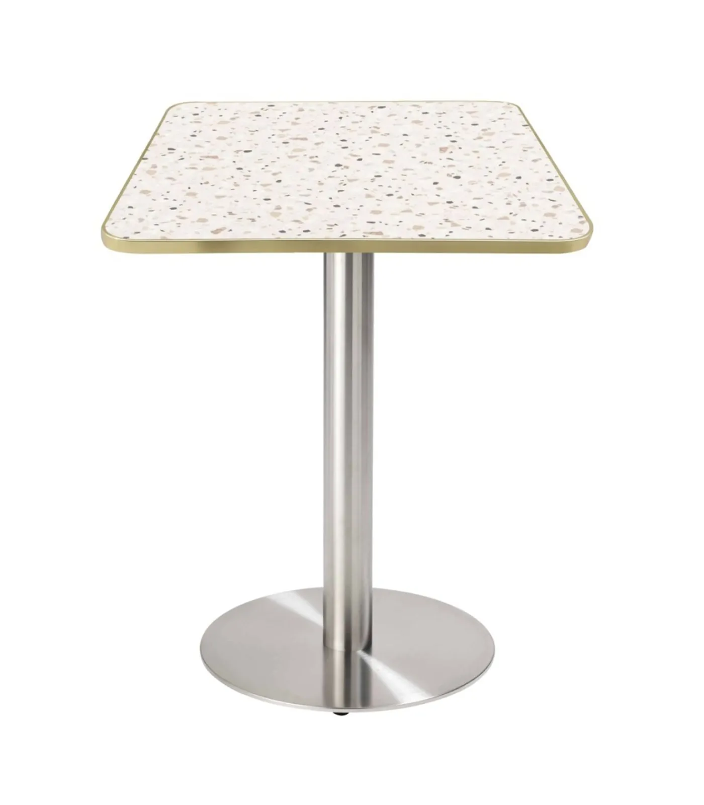 Outlet Eettafel 60 x 60 cm zilveren poot en terrazzo/gouden coating Tafels