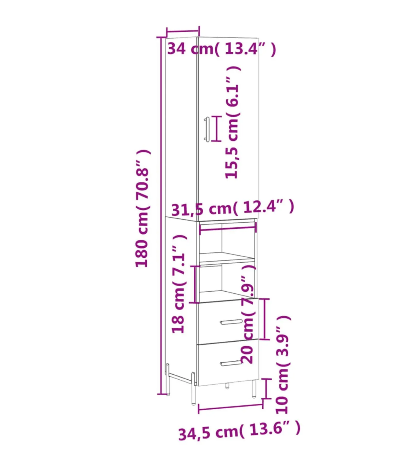 New Hoge kast 34,5x34x180 cm bewerkt hout grijs sonoma eikenkleurig Meubels