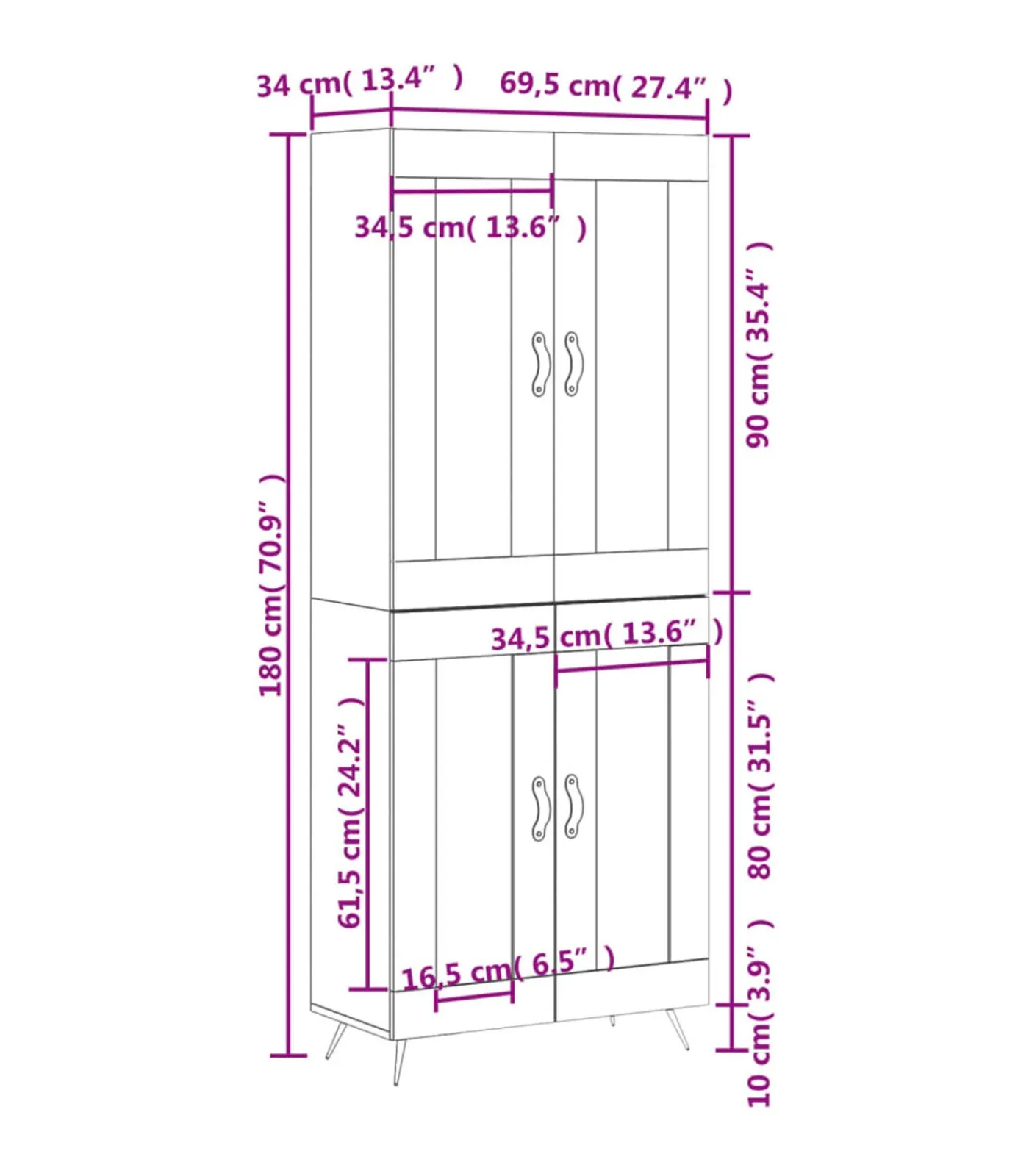 Clearance Hoge kast 69,5x34x180 cm bewerkt hout wit Meubels