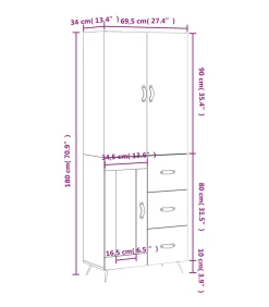 Hoge kast 69,5x34x180 cm bewerkt hout betongrijs Meubels