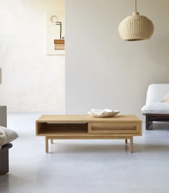 Outlet Luis - Massief iepenhout en rieten salontafel Tafels