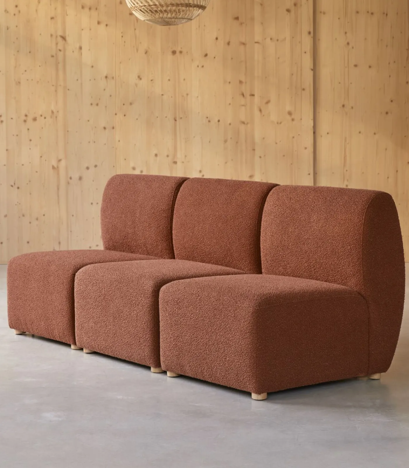 Outlet Modulaire 3-zitsbank Swann van massief acacia en terracotta stof Zetels