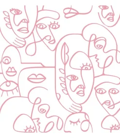Sale Behang Friends & Coffee Line Art Faces wit en roze Decoratie