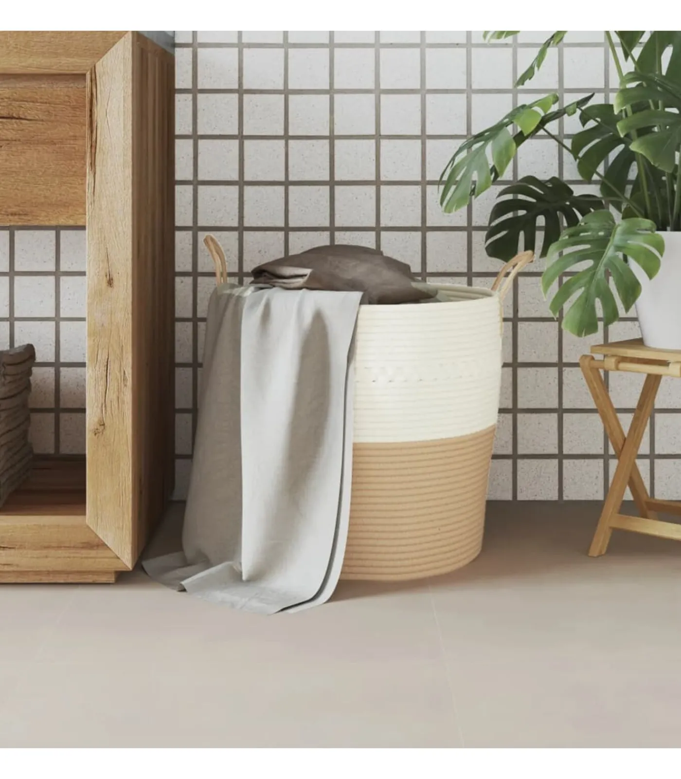 Best Opbergmand Ø 43x38 cm katoen beige en wit Manden En Bakken