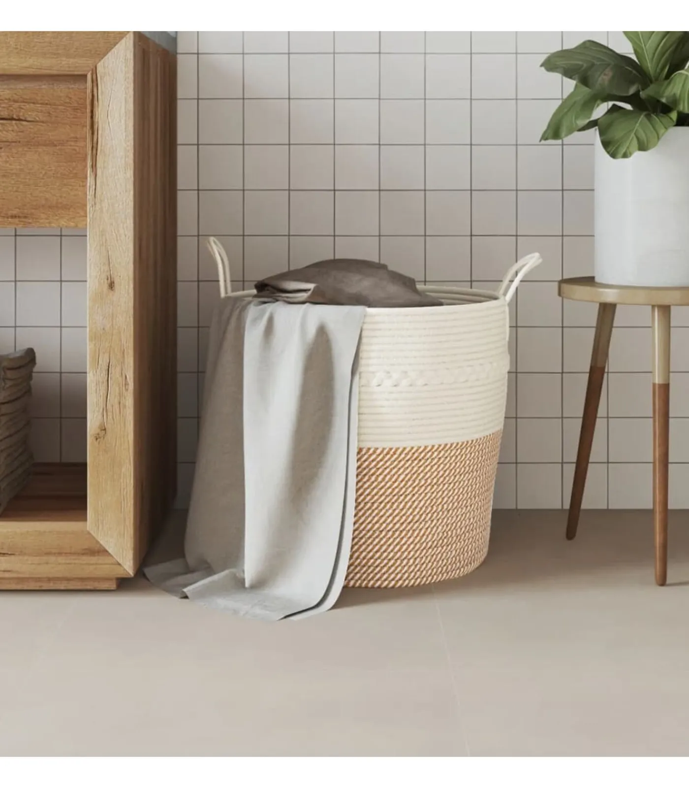 Sale Opbergmand Ø 43x38 cm katoen bruin en wit Manden En Bakken