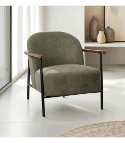 Outlet Relaxfauteuil in staal, hout en donkergroene stof Zetels