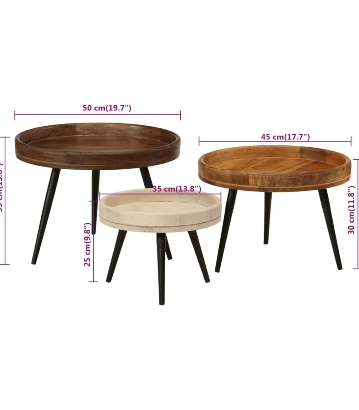 Outlet Salontafels 3 st rond massief mangohout Tafels