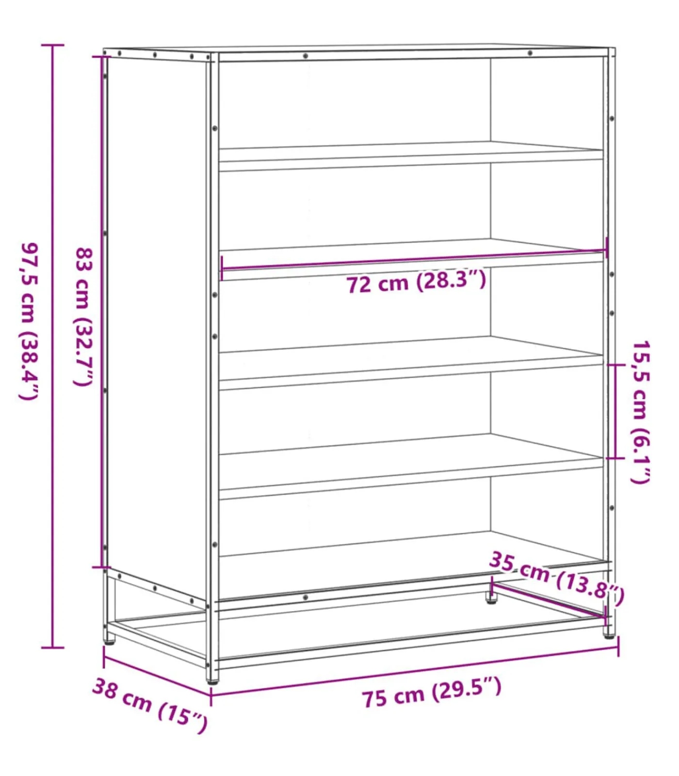 New Schoenenkast 75x38x97,5 cm bewerkt hout en metaal gerookt eiken Organiseren