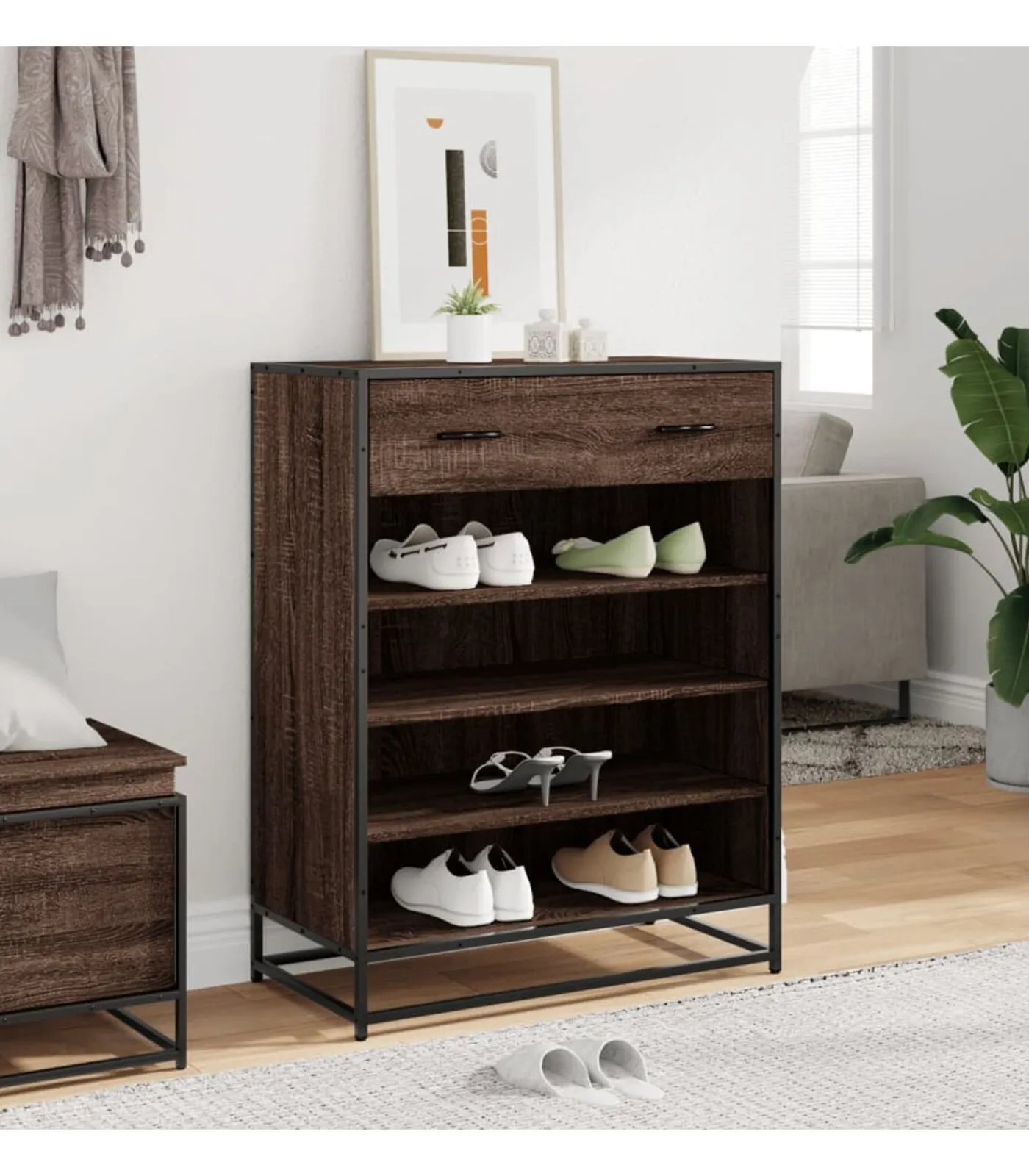 New Schoenenkast 75x38x97,5 cm bewerkt hout en metaal bruin eiken Organiseren