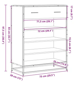 New Schoenenkast 75x38x97,5 cm bewerkt hout en metaal bruin eiken Organiseren