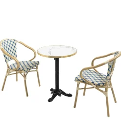 Hot Set van wit marmeren terrastafel en 2 blauwe stoelen Tuinmeubelen