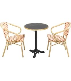 Outlet Set van zwart marmeren terrastafel en 2 rode stoelen Tuinmeubelen