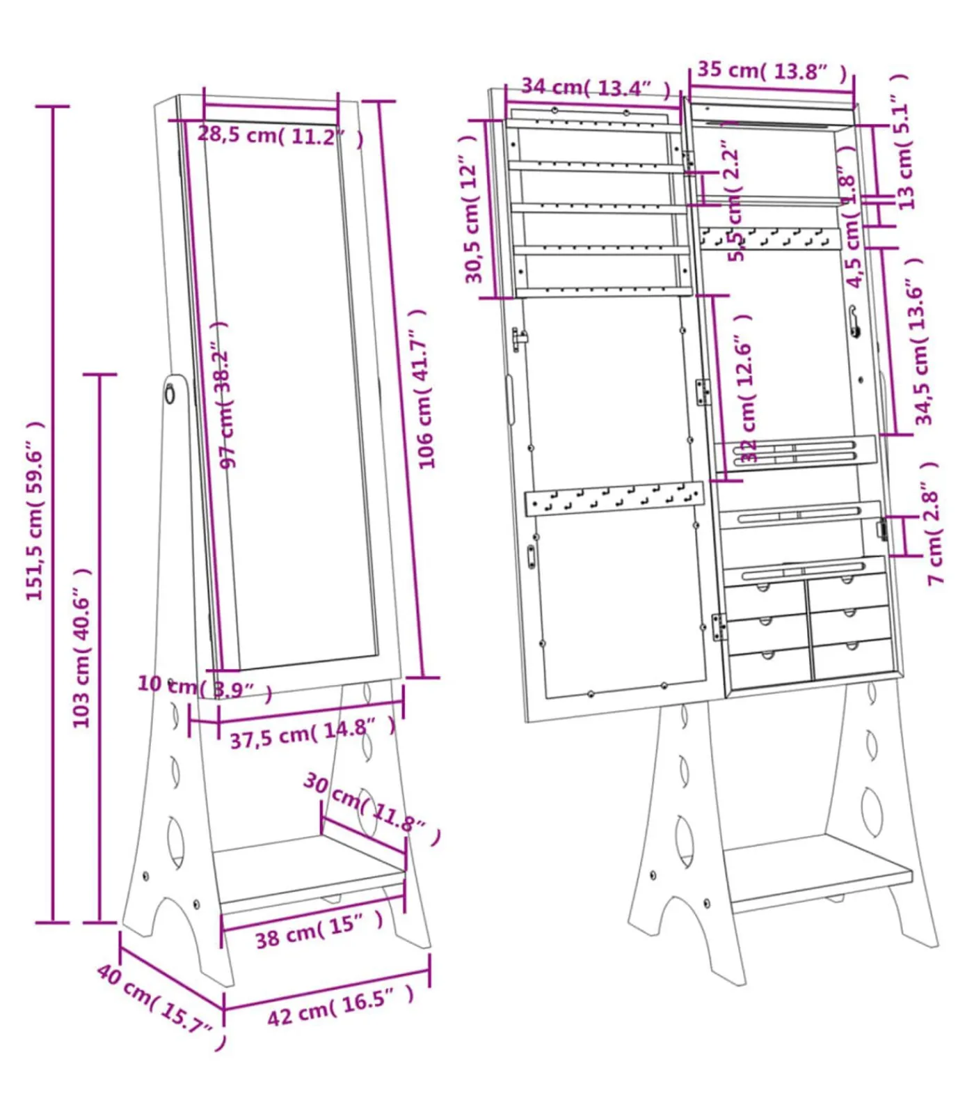 Sale Sieradenkast met spiegel en LED-verlichting vrijstaand zwart Spiegels