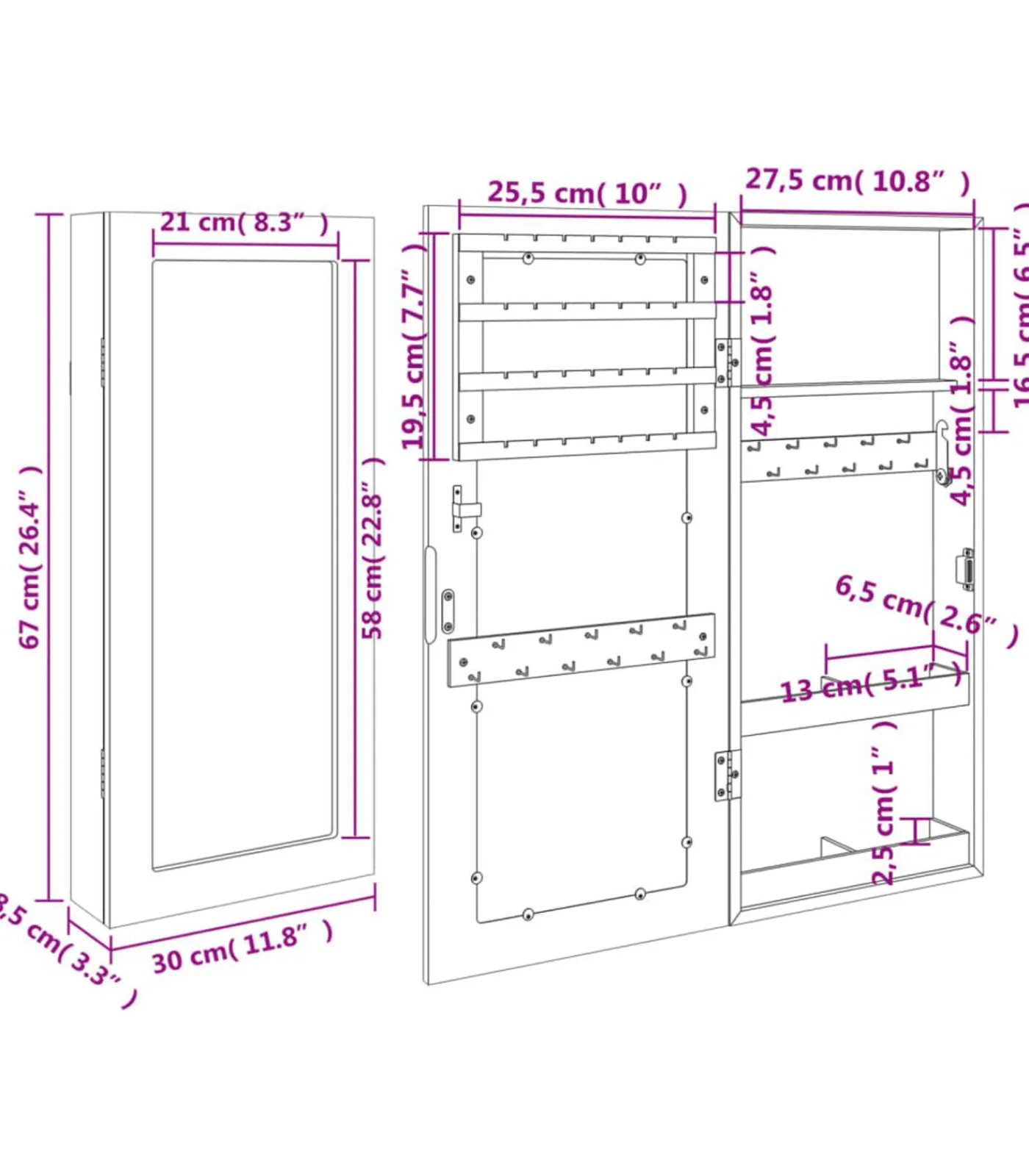 Sieradenkast met spiegel wandgemonteerd 30x8,5x67 cm Spiegels