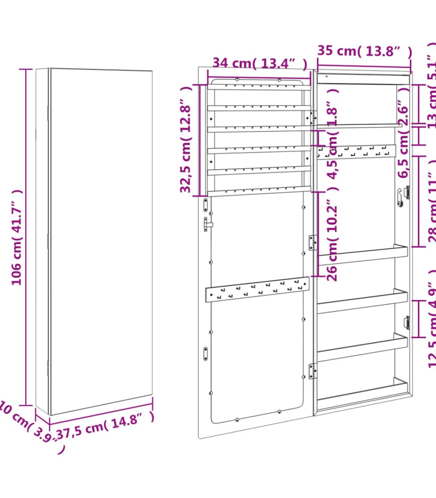 Online Sieradenkast met spiegel en LED wandgemonteerd wit Spiegels