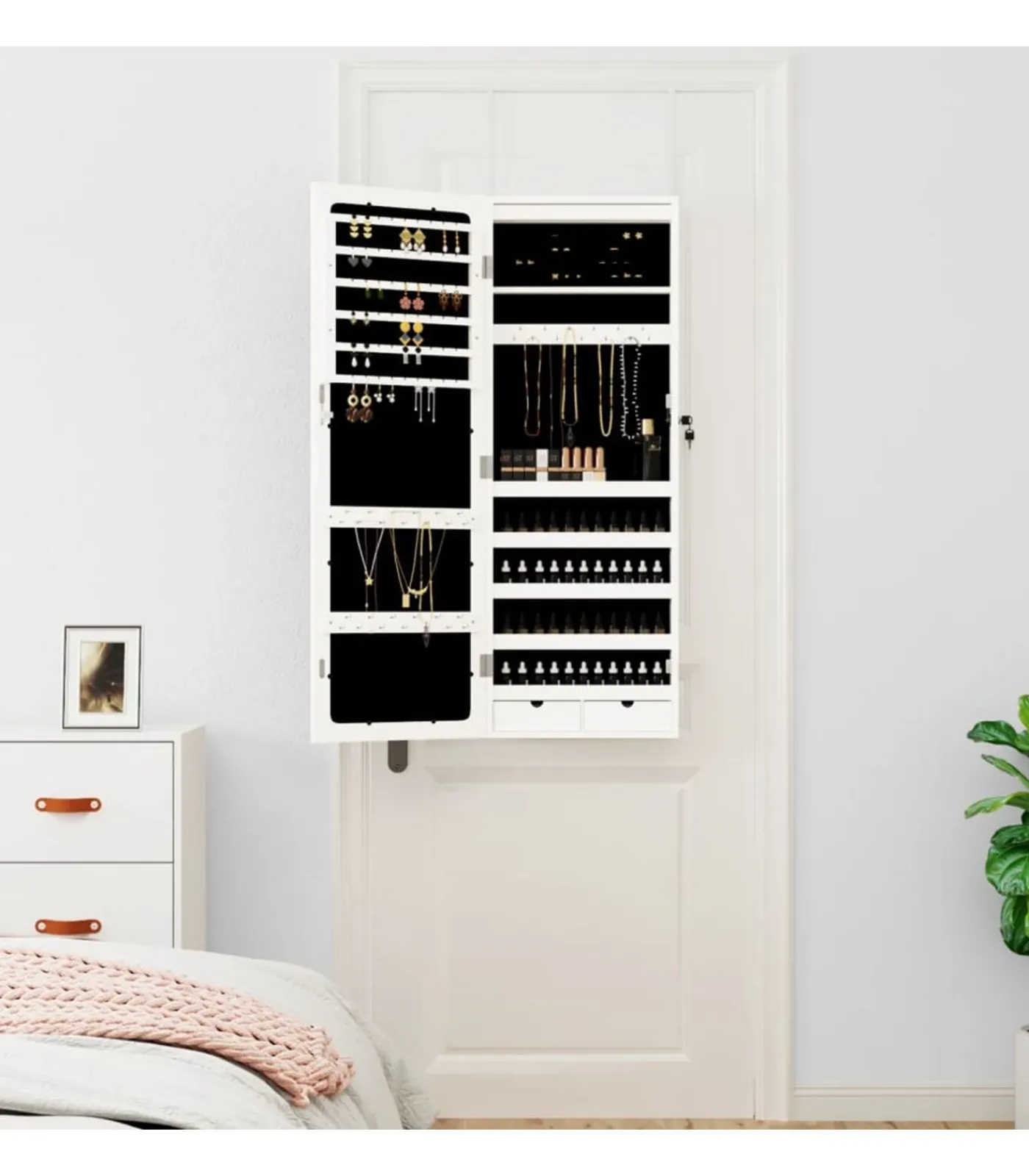 Outlet Sieradenkast met spiegel en LED wandgemonteerd wit Spiegels