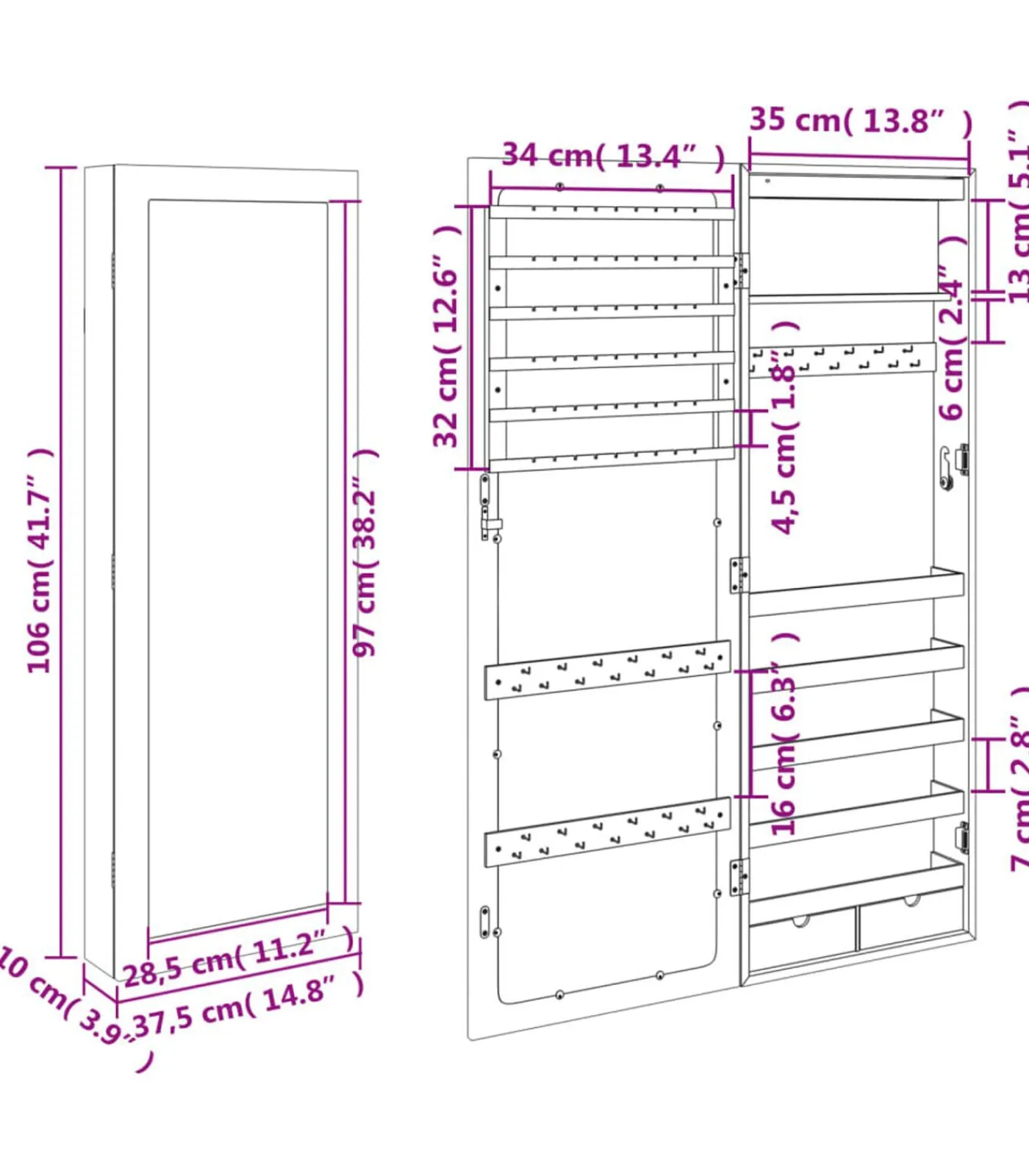 Outlet Sieradenkast met spiegel en LED wandgemonteerd wit Spiegels