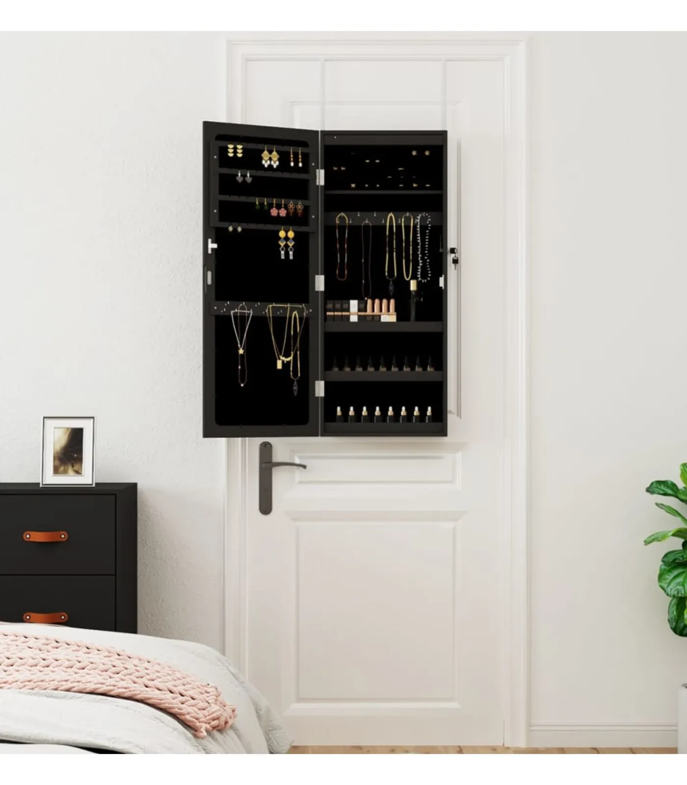 Discount Sieradenkast met spiegel en LED wandgemonteerd zwart Spiegels