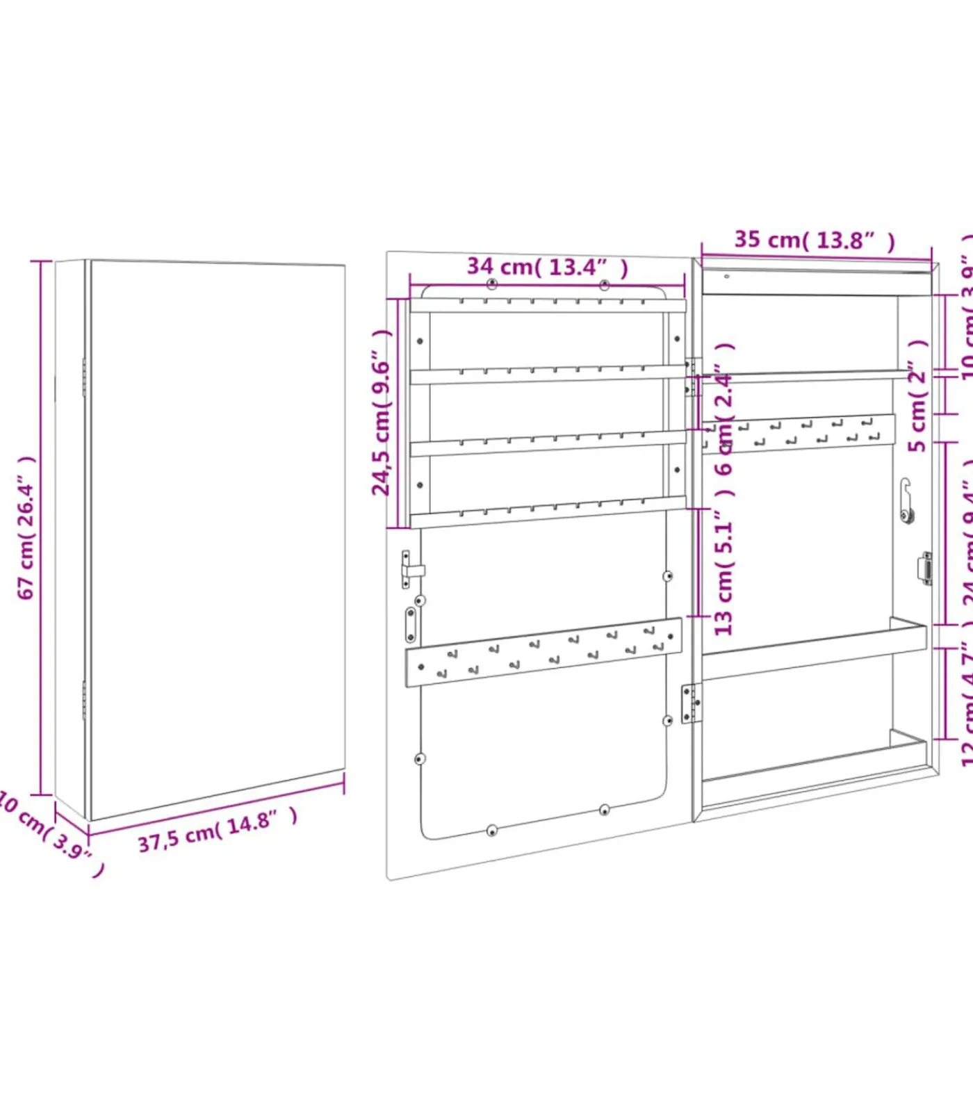 New Sieradenkast met spiegel en LED wandgemonteerd Spiegels