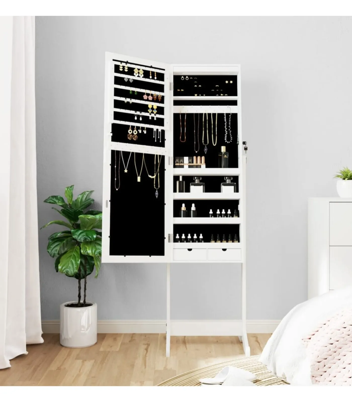 New Sieradenkast met spiegel met LED-verlichting vrijstaand wit Spiegels