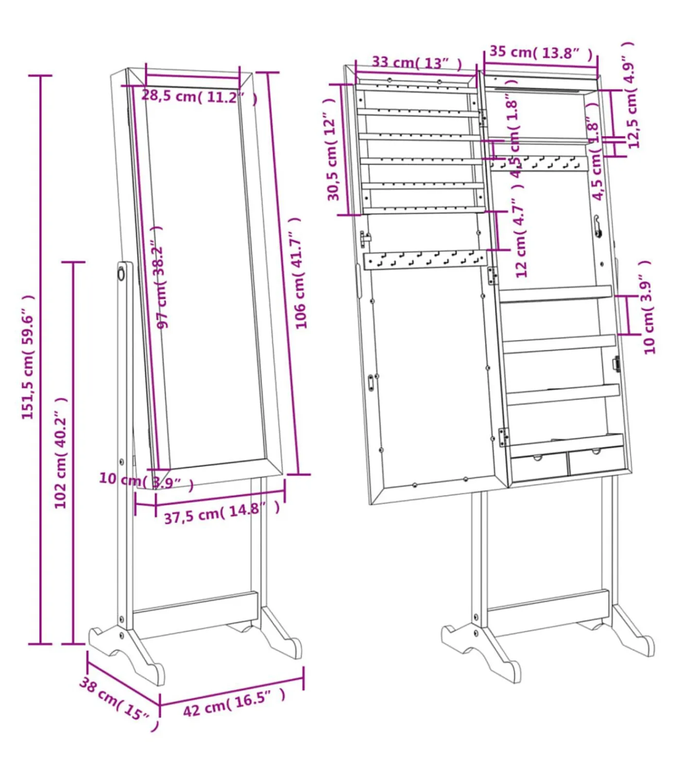 New Sieradenkast met spiegel met LED-verlichting vrijstaand wit Spiegels
