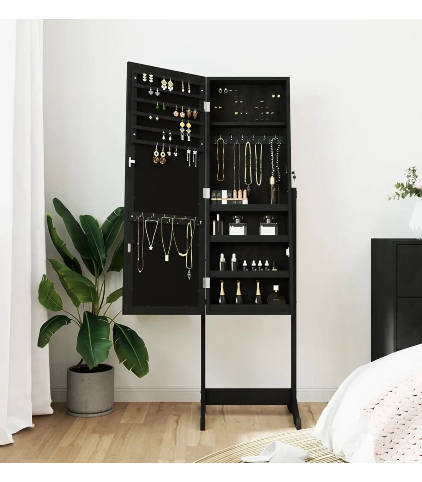 Sieradenkast met spiegel vrijstaand 42x38x152 cm zwart Spiegels