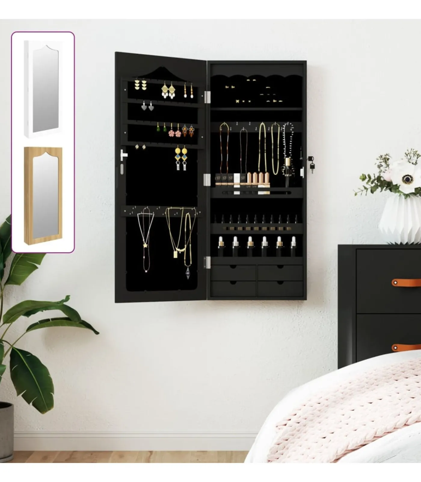 Hot Sieradenkast met spiegel wandgemonteerd 37,5x10x90 cm zwart Spiegels