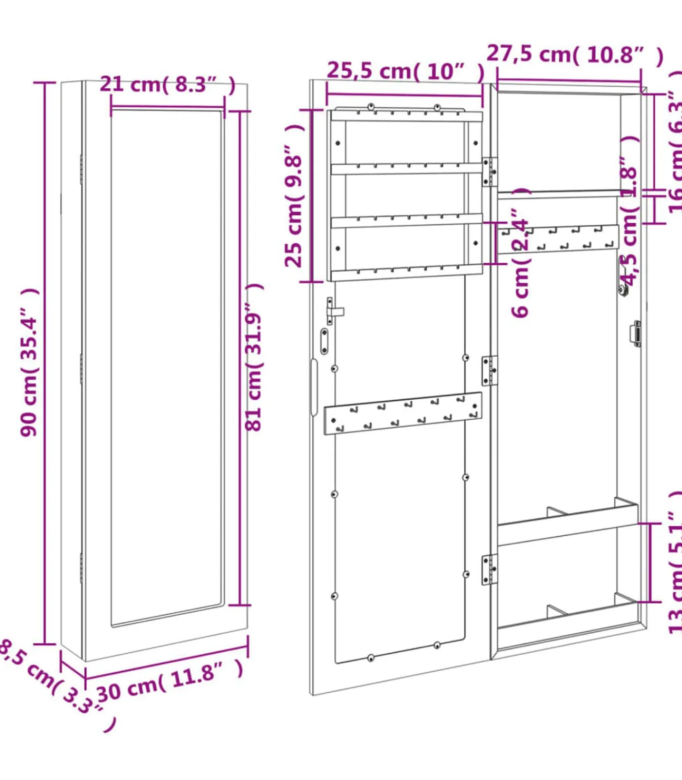 Hot Sieradenkast met spiegel wandgemonteerd 30x8,5x90 cm wit Spiegels