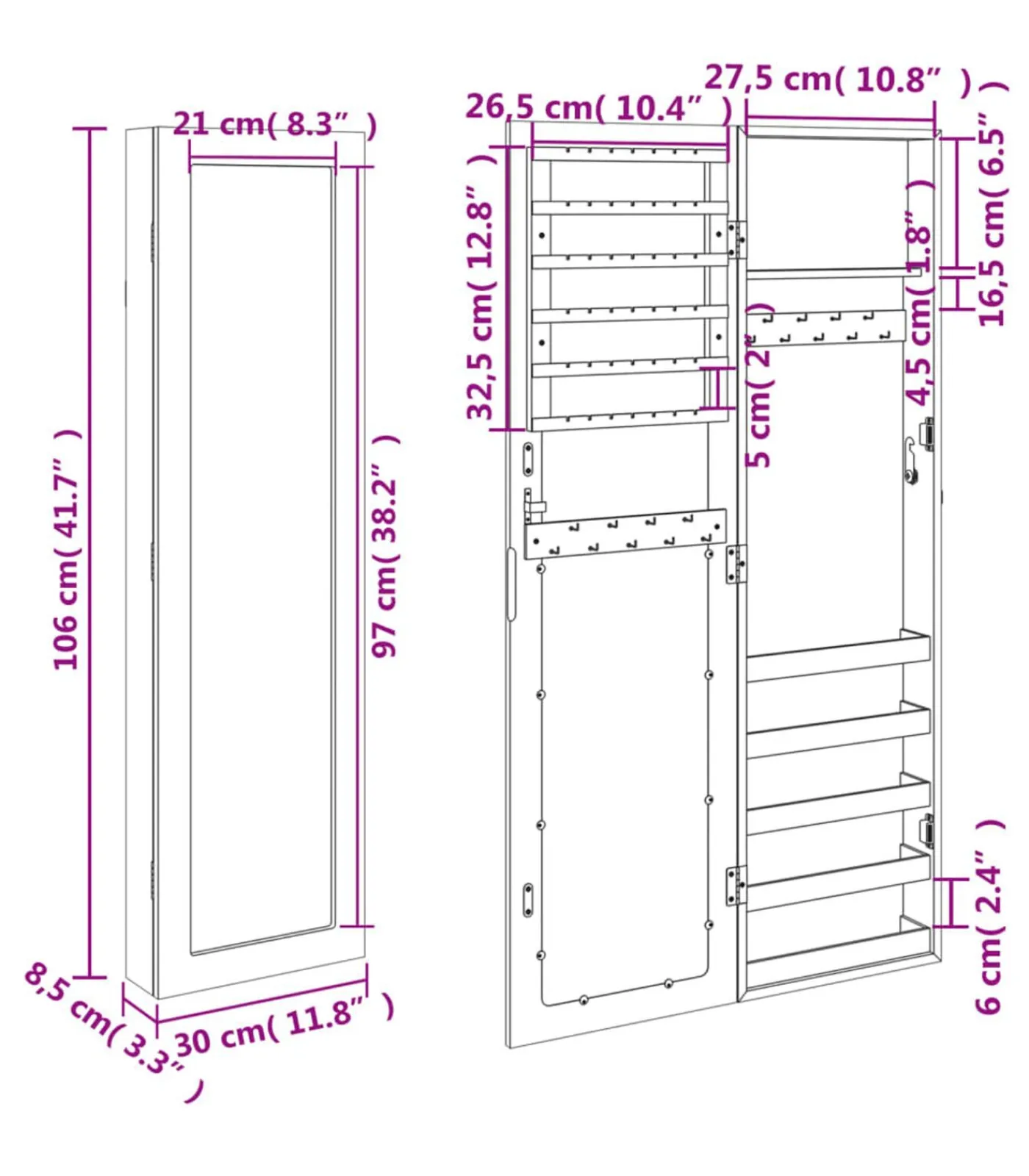 Sieradenkast met spiegel wandgemonteerd 30x8,5x106 cm wit Spiegels